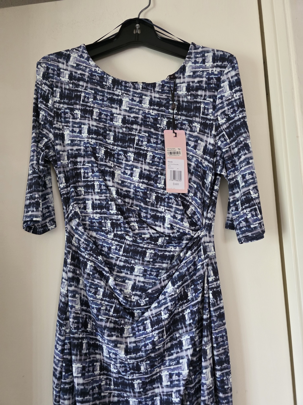 Navy & White Abstract Print Ruched Midi Dress